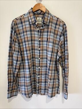 New johnnie-O Blue and Brown Plaid Button-Down Shirt- L